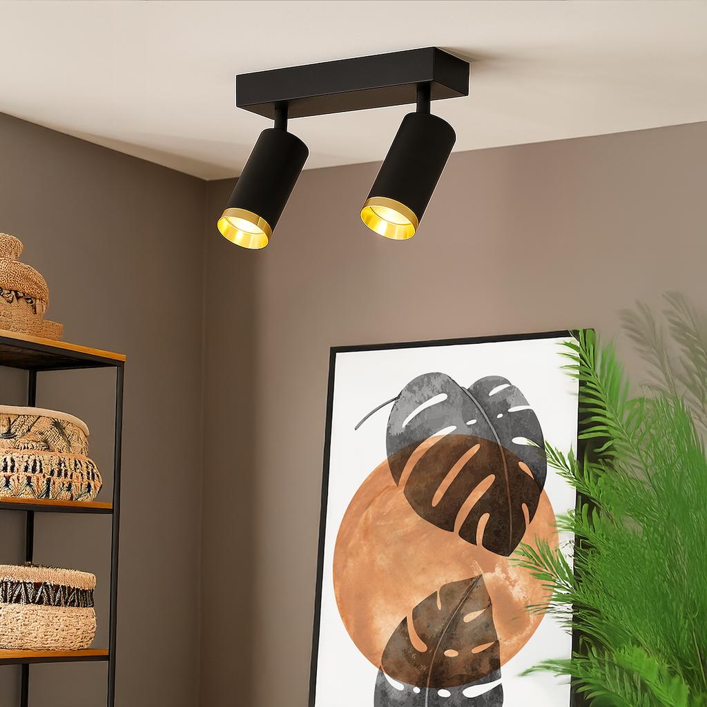 Lampa Sufitowa Nowoczesna Czarna Listwa Ruchome Reflektorki Złote Elementy 2Xgu10 10W Mica Milagro