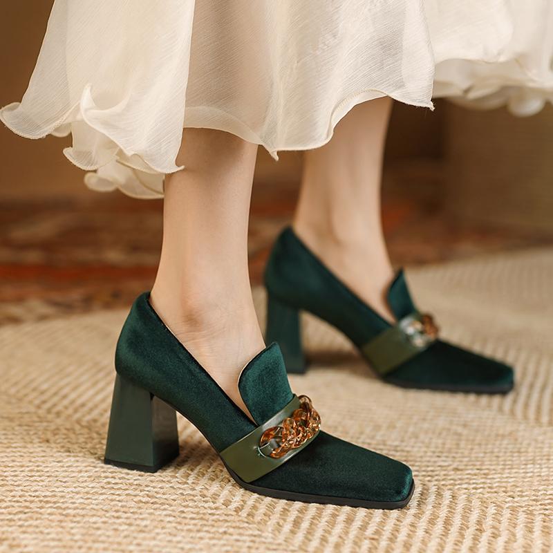 

2024 Весна Осень Новые Ретро Замшевые Туфли На Высоком Каблуке Для Женщин Туфли На Квадратном Каблуке Для Женщин 7 см Высокий Каблук Женские Туфли 4 зелёный