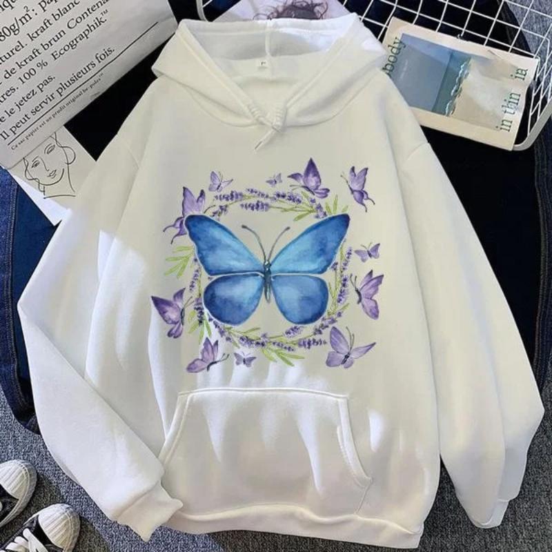 Beautiful Butterfly Printed Hoodie Autumn Winter Casual Fashion Harajuku Korean Style O-Neck Long Sleeve Fleece Tops Sweatshirts