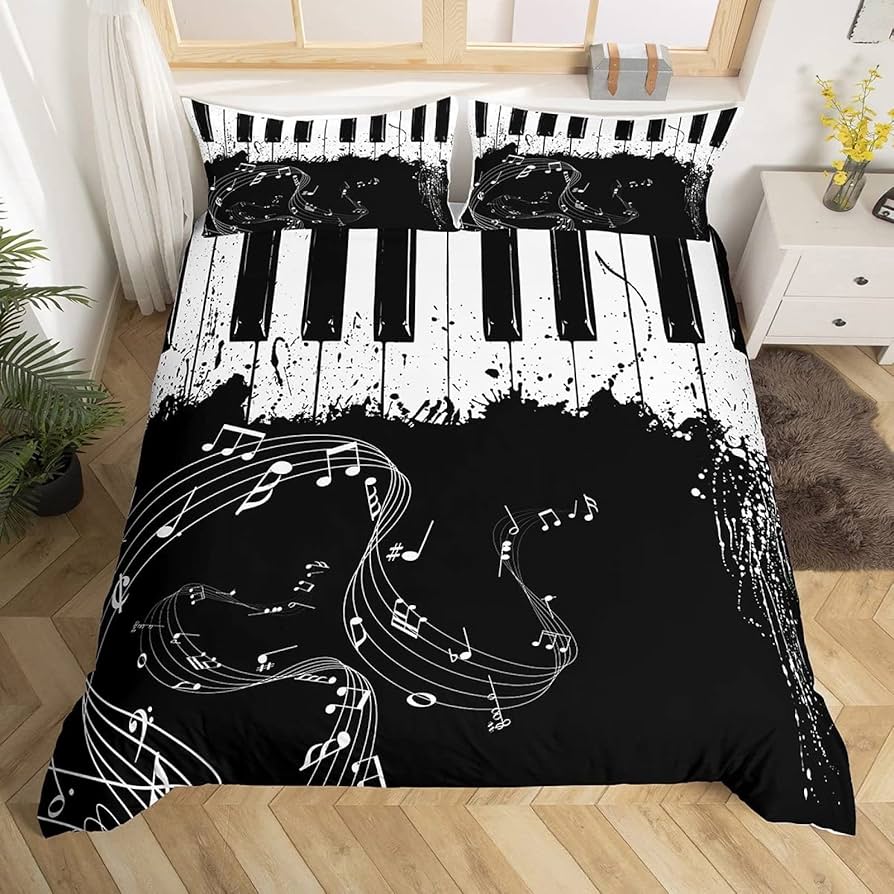 

Music Bedding Set Twin Queen Musical Notes Duvet Cover For Kids Teens Girls Boys Bedroom Decor Piano Keyboard Comforter Cover EU Single(135x200cm)