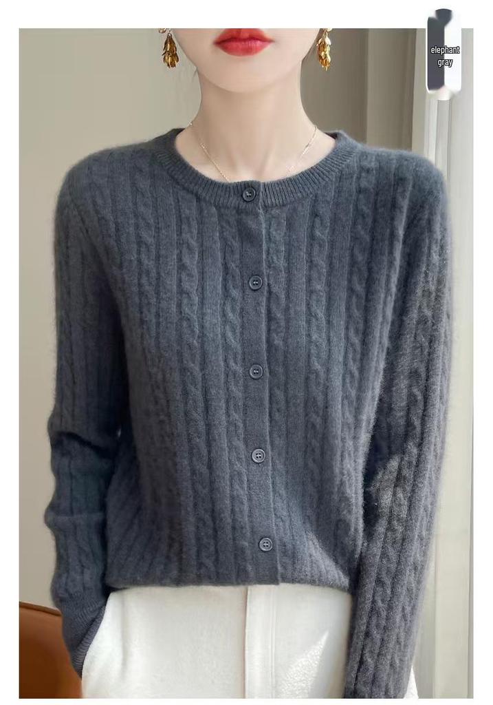 Women's Classic Cable Knit Cardigan: Old Money Style, Solid Color, Long Sleeve, Round Neck
