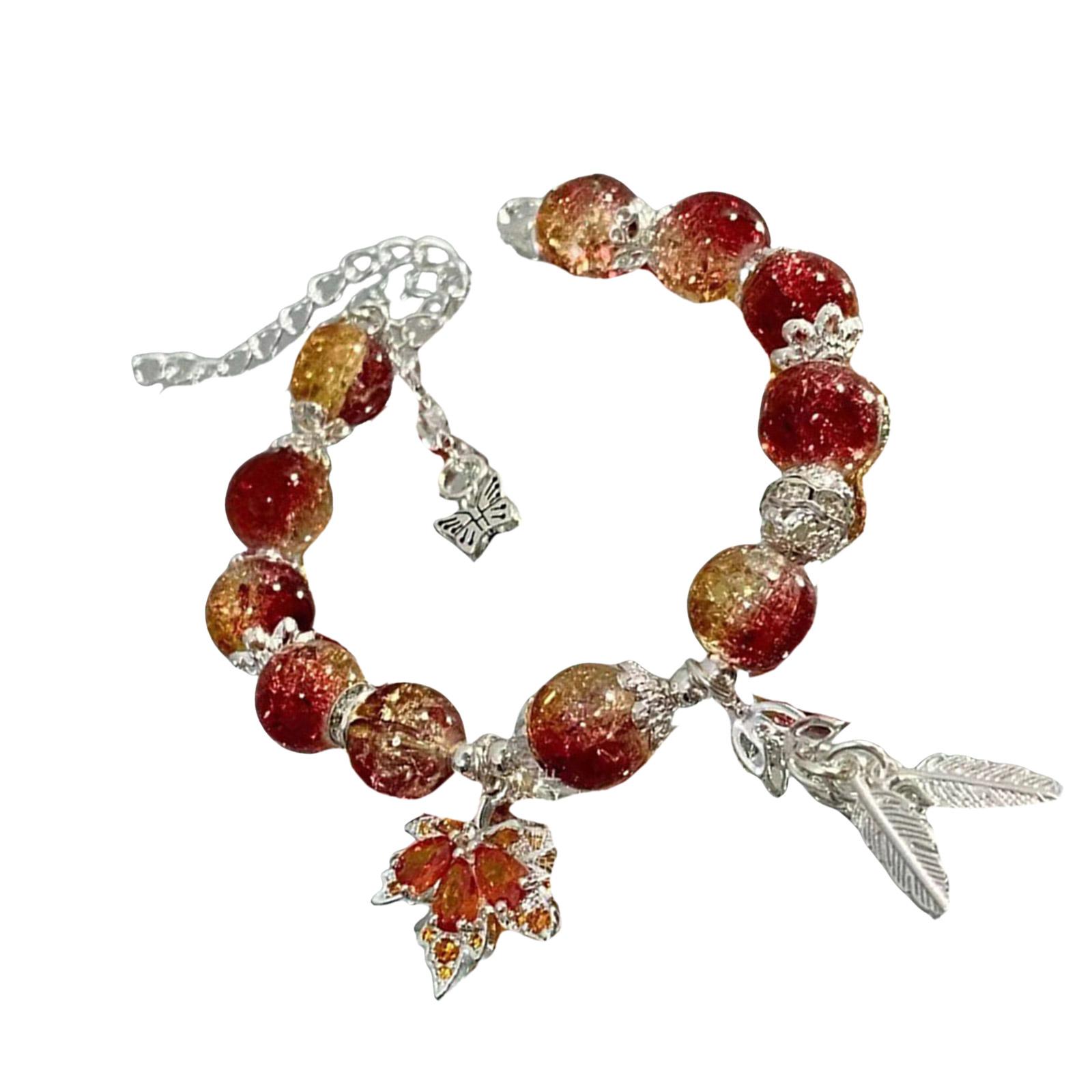 

Fashionable Crystal Maple Leaf Bracelet with Butterfly Feather Charm Beaded Handchain for Women Friendship Jewelry