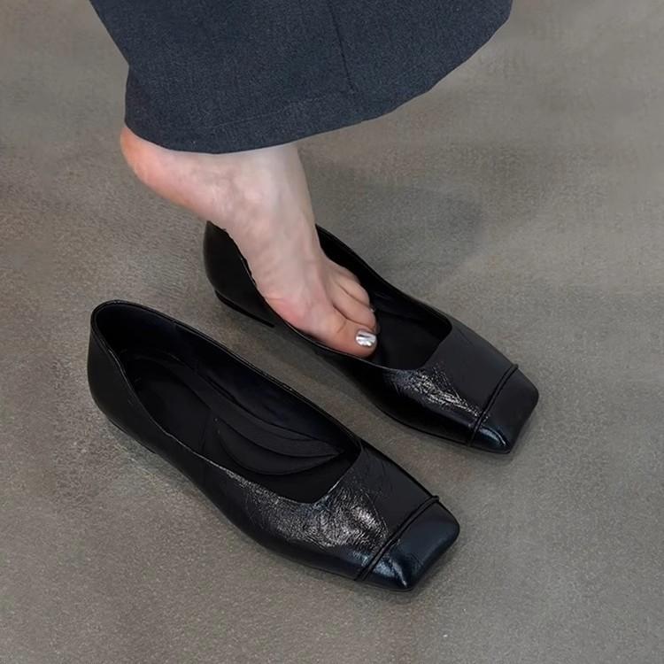 Spot-Version~ Schwarze Retro-Dünnleder Bequeme Pendel-Flats Damenschuhe Minimalistisch Quadratische Spitze Einschlupf Kleine Einzelne Schuhe