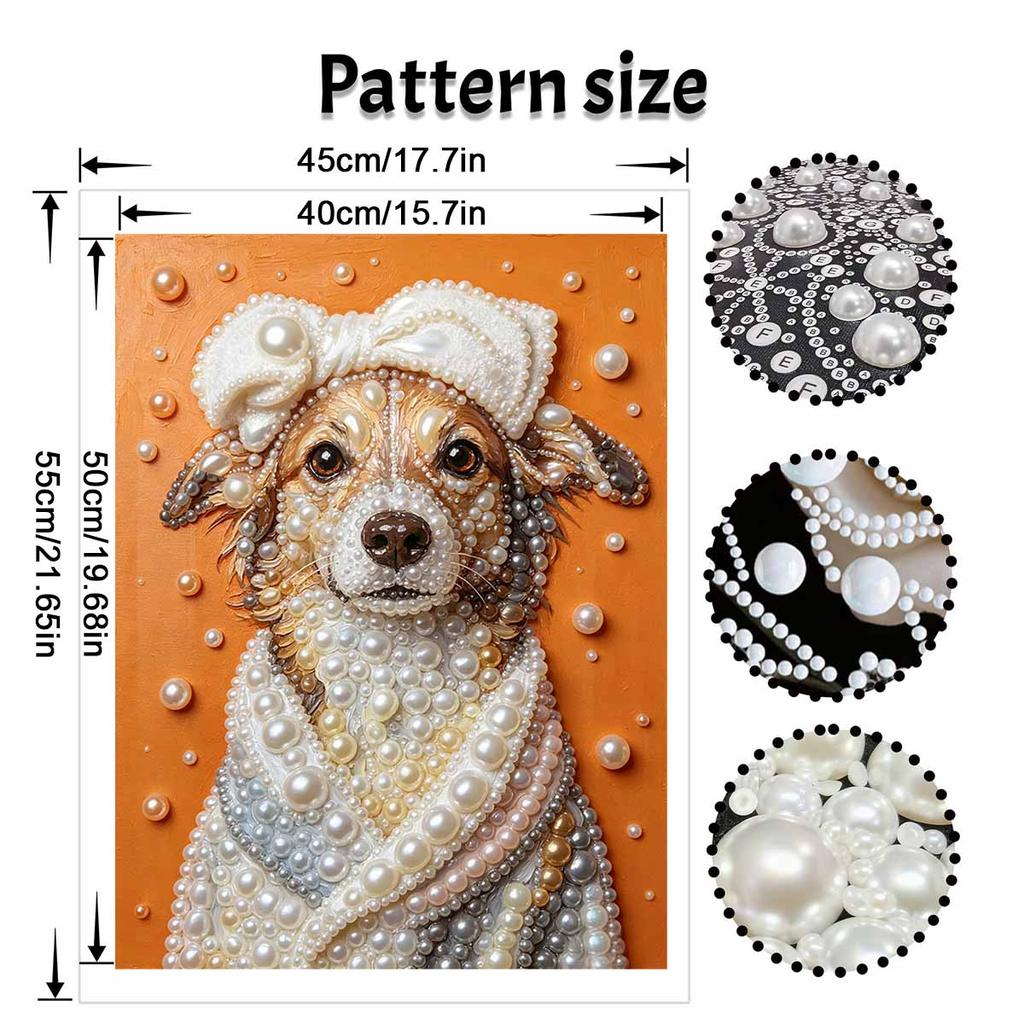 Handmade Framed Pearl Painting Set with Cute Elegant Puppy Wearing Towel Design 5D Shiny Bead Art Canvas Creative Craft for Room Decor