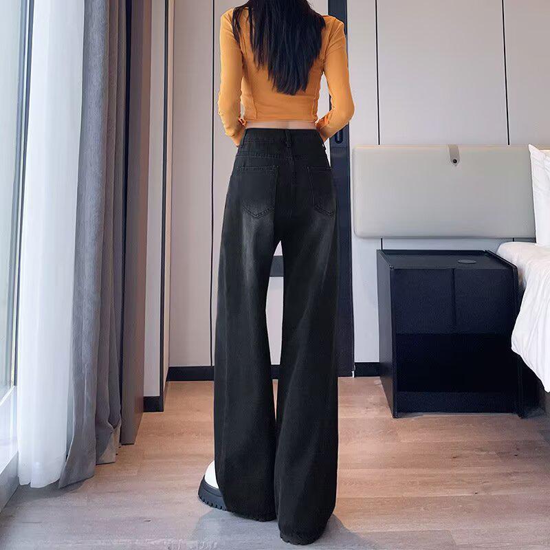 Women's Black-Grey High-Waisted Loose Fit 2025 Autumn Wide-Leg Slimming Drape Straight-Leg Floor-Length Jeans
