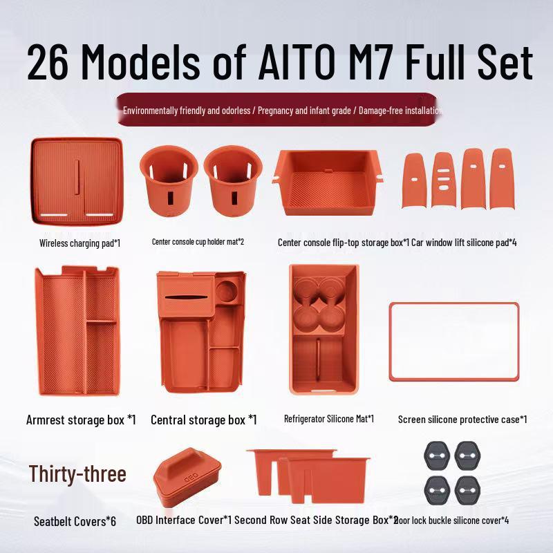 Compatible with 26 AITO M7 models, this silicone car interior set features wireless charging capabilities and decorative modifications.