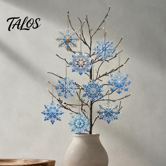 Christmas Tree Hanging Decorations 12 Pcs Wooden Snowflake Ornaments, Blue Winter Decoration, Ornaments Double Sided Holiday Pendant with Rope
