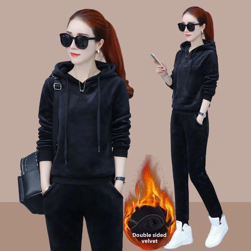 

Осенне-зимний женский утолщенный джемпер с капюшоном на флисовой подкладке, спортивный костюм свободного кроя, повседневный комплект из 2 предметов L чёрный