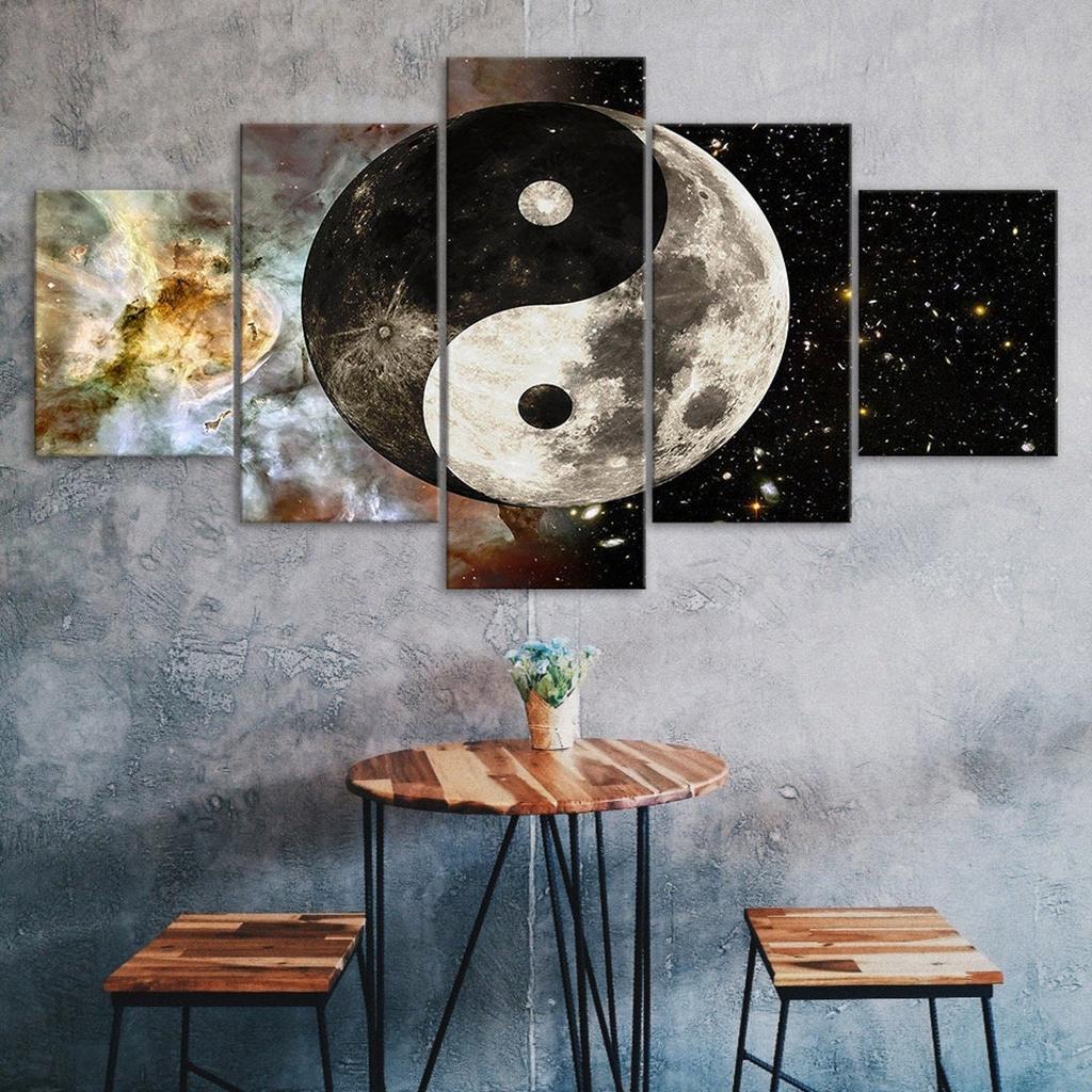 Yin Yang Cosmos Full Moon Abstract Canvas 5 Piece Five Panel Wall Print Modern Art Poster Picture Home Decor Gift For Him For Her