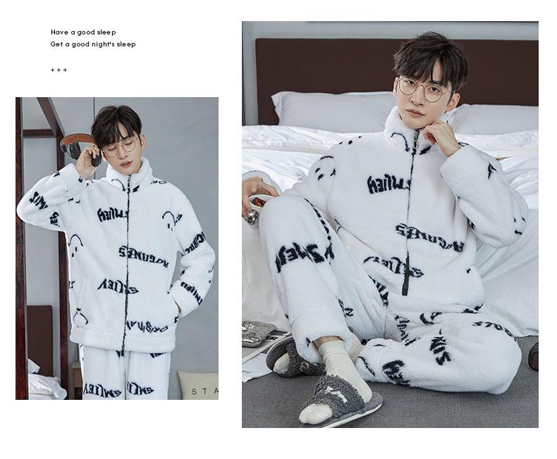 Men's Warm Flannel Pajamas, Zippered Stand-up Collar, Long Sleeve, Coral Fleece Cardigan for Autumn and Winter