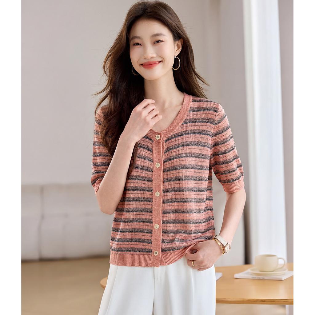 Summer New Women's Striped Knitted Shirt 2026 High End Knitted V-neck Comfortable High End Women's Top
