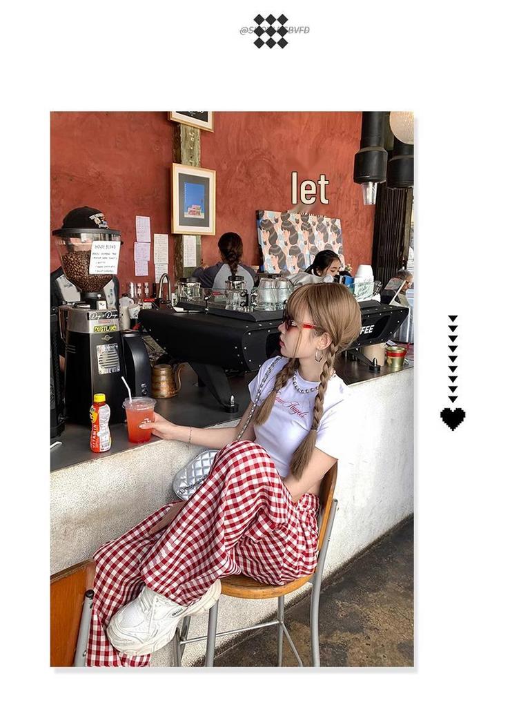 Women's Retro Red Plaid High-Waisted Wide-Leg Pants - 2025 Spring Collection