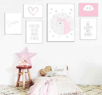 Girl Room Decor Nursery Baby Cartoon Canvas Painting Pink Unicorn Posters and Prints for Living Room Wall Decor No Frame