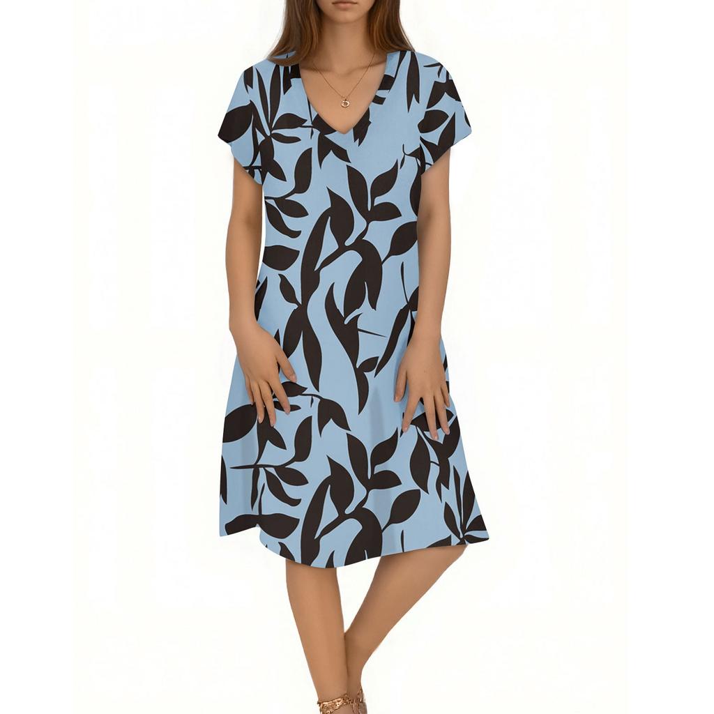 Women's Casual Fashion V-Neck Short Sleeve Floral Print Midi Flowing Dress