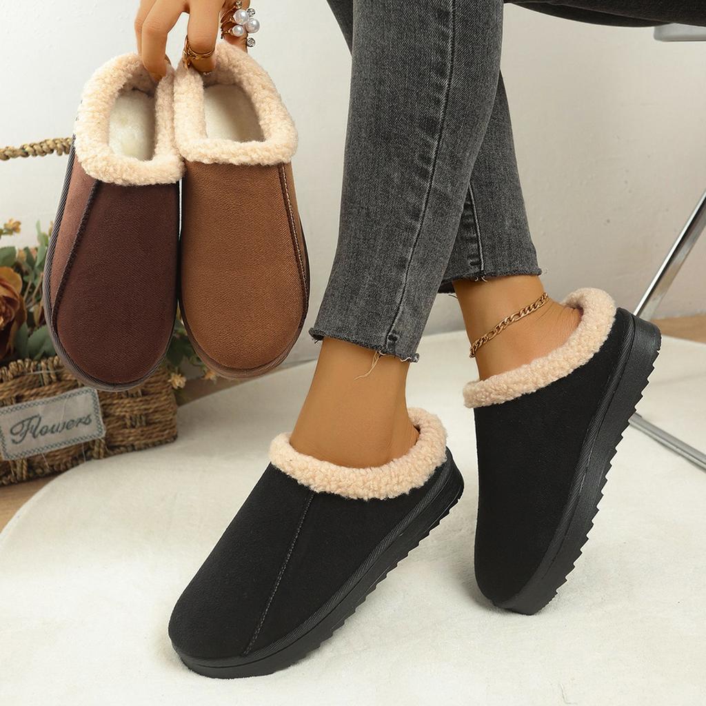 Women's winter fur one plush lining a footstool warm cold lightweight hiking waterproof non-slip soft bottom snow boots cotton slippers