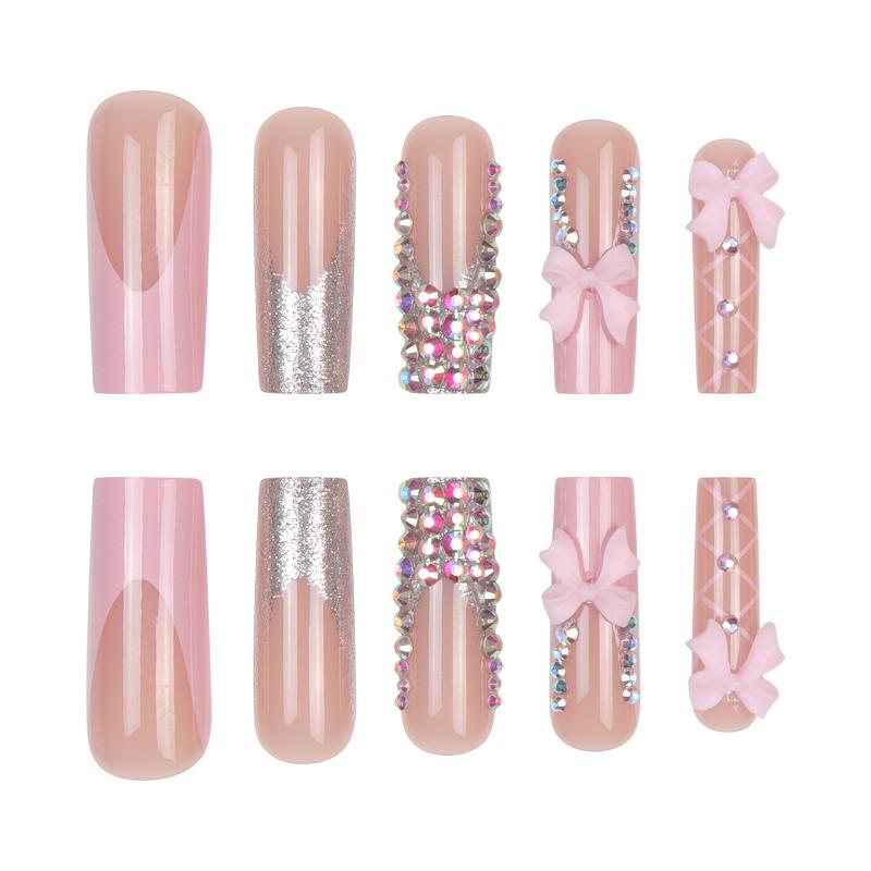 Grensdoorborende lange waterpijp nagel, schattige nagels om te dragen, Franse roze multi-diamanten strik nagelkunst, Europese en Amerikaanse nagelkunst om te dragen.