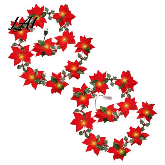 Small Room Decorative Lights Christmas Poinsettia String Lights 200/300cm Red Green Floral Garland Battery/USB USB Operated Festive Lamps