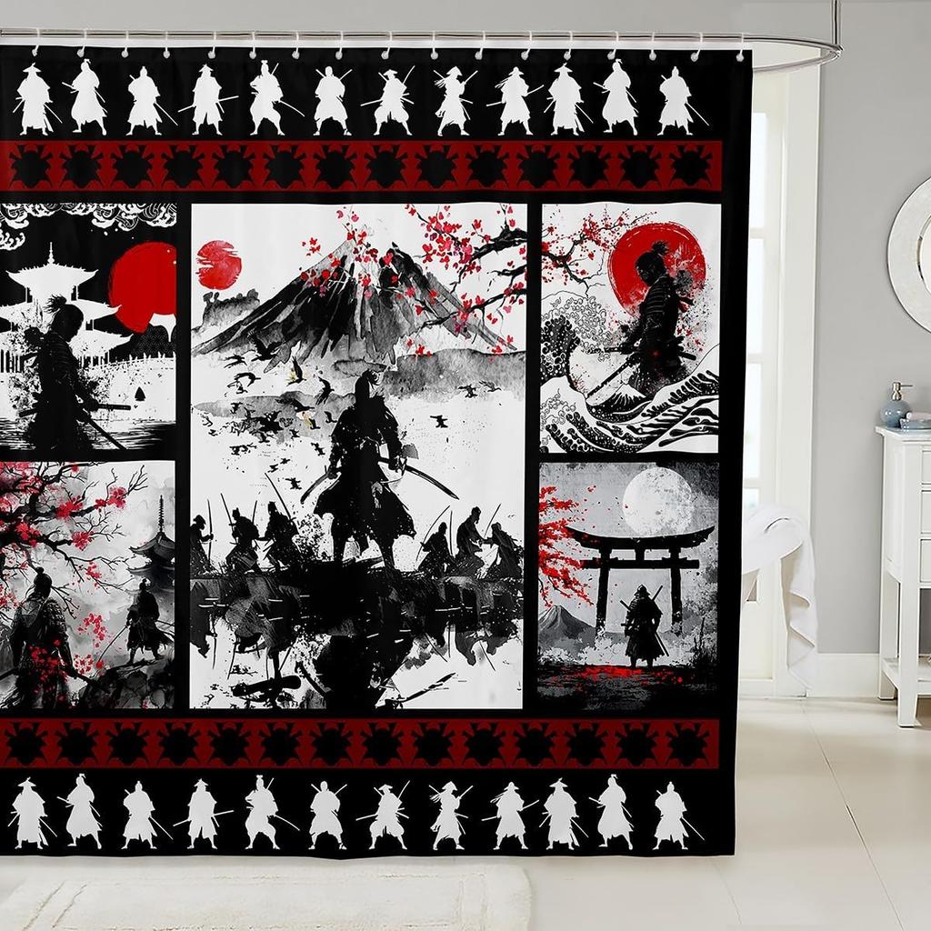 Kids Japanese Geisha Shower Curtain Boys Girls Cherry Blossoms Bathroom Shower Curtain Set Japanese Style Bath Curtain