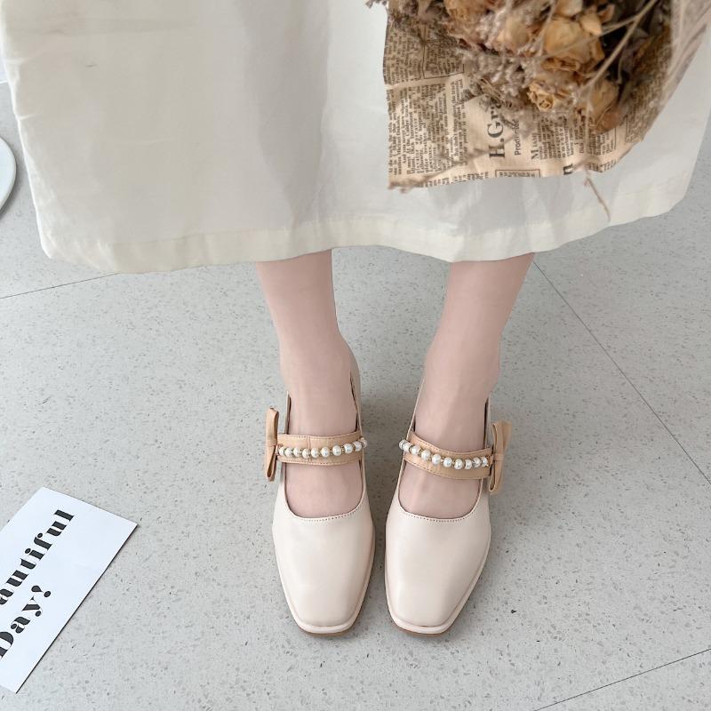 Fashion Ladies Summer Footwear on Heeled Pumps Shoes for Women 2025 with Straps Cute Square Heels Bow High Mary Jane Offer