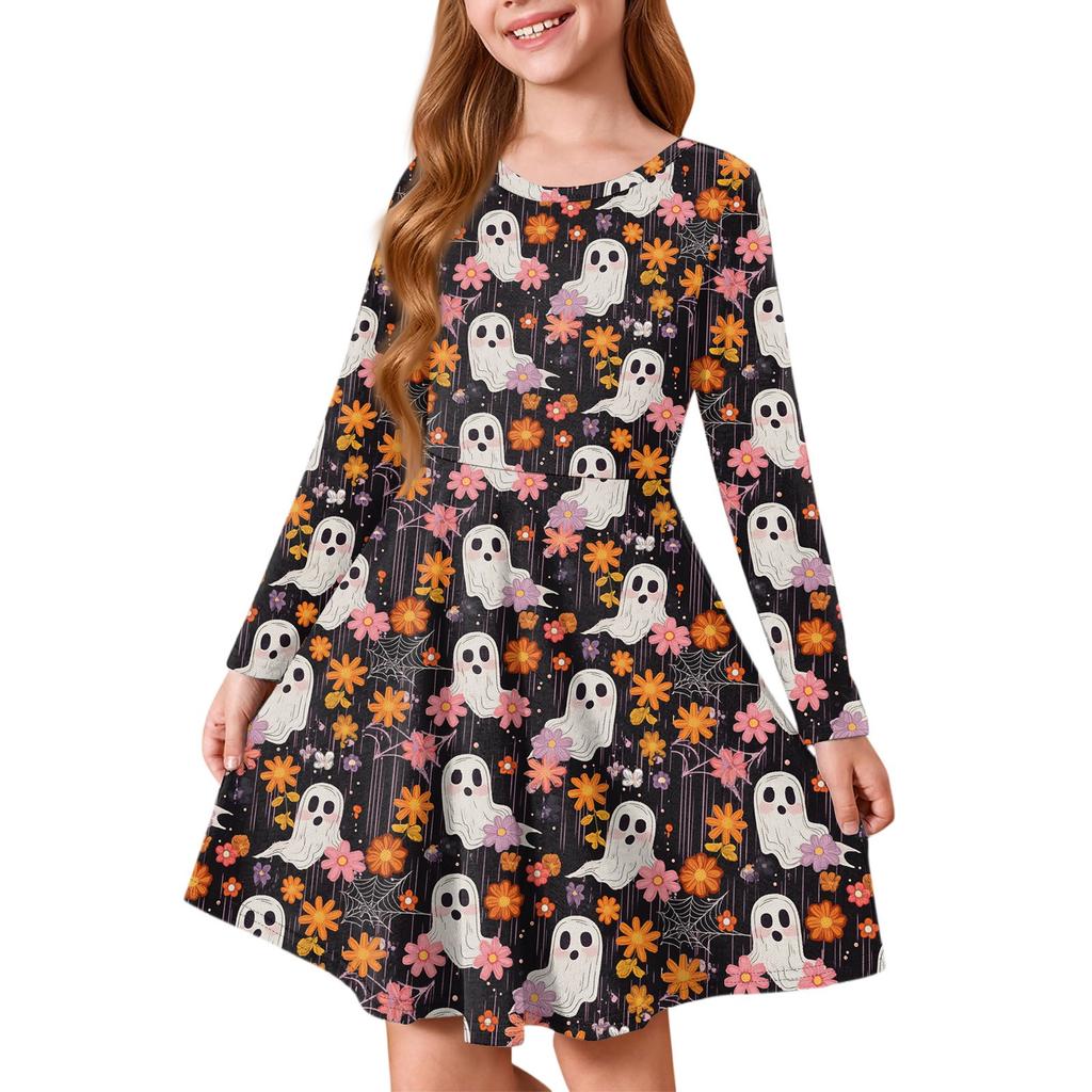 Girls' Summer Princess Dress Halloween Day- Long Sleeve A-Line T-Shirt Dress