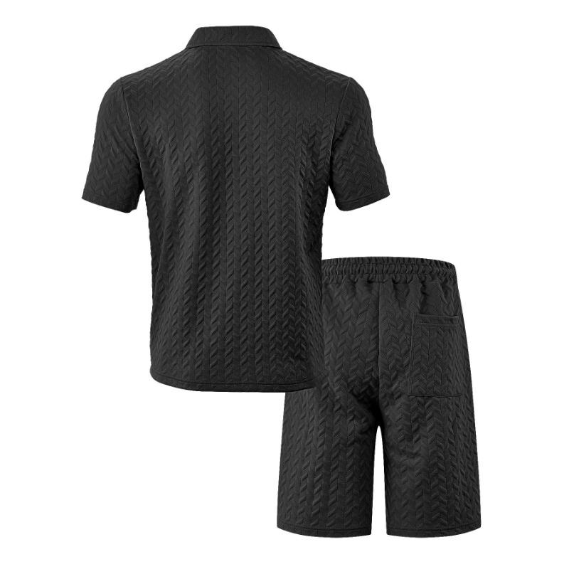 New Summer Men's Casual Loose Lapel Jacquard Short Sleeve Polo Shirt Two-Piece Suit