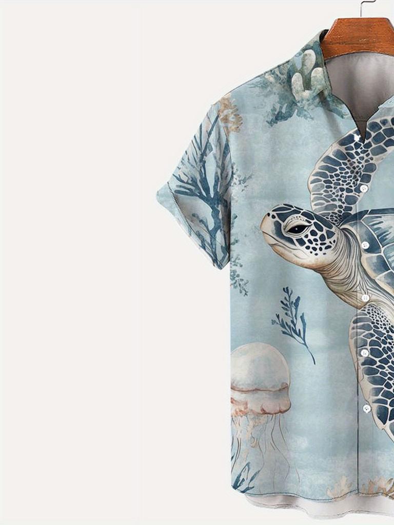 Men's Simple Hawaiian Jellyfish and Turtle Pattern Printed Button Shirt- Lightweight Polyester Fiber, Summer Vacation and Holiday Clothing