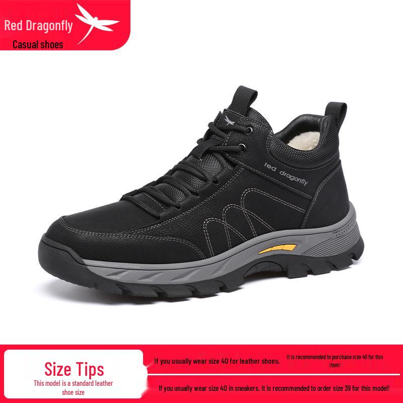 Red Dragonfly Men s Genuine Leather Hiking Shoes - Autumn/Winter Warm Velvet 39