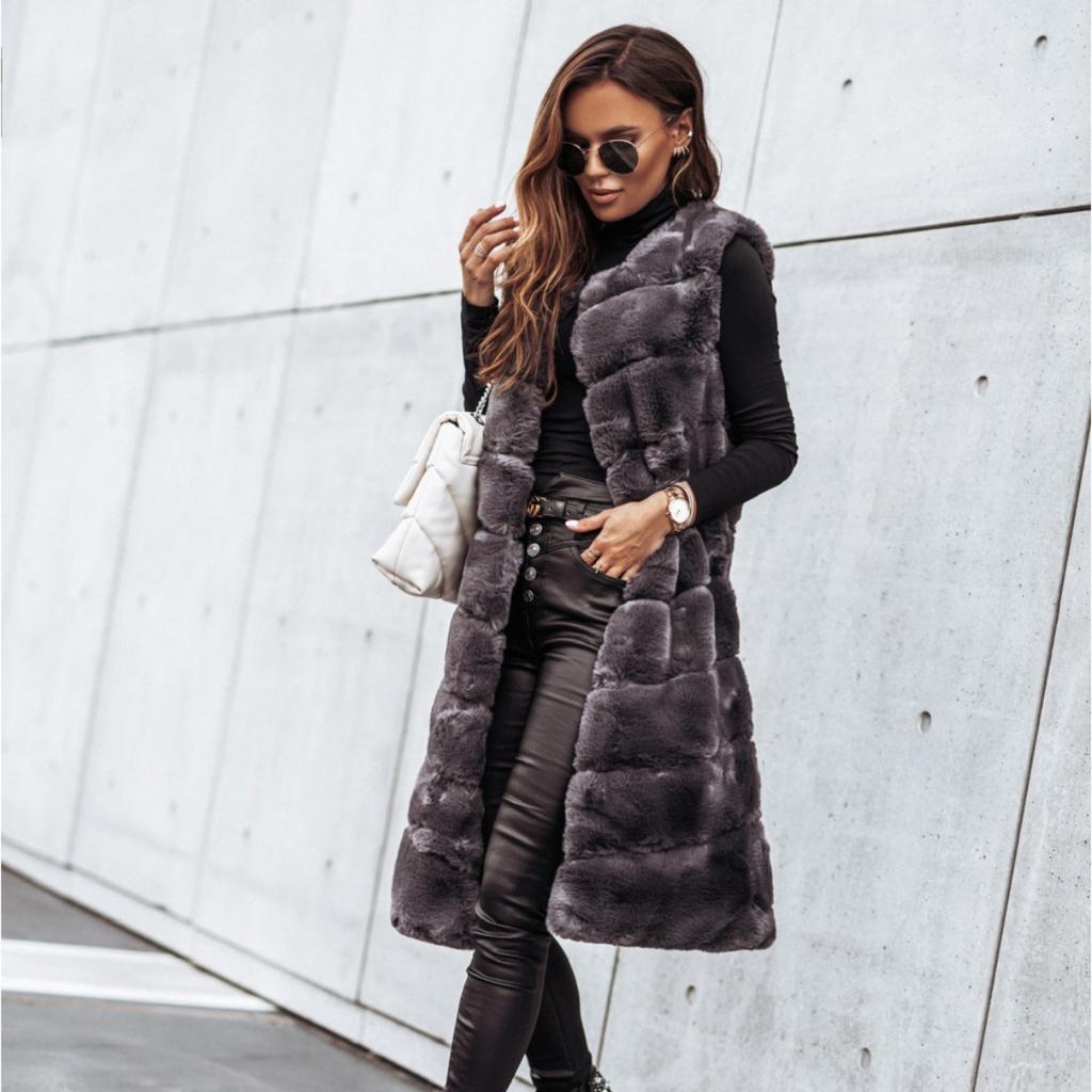 Women's Winter Autumn Long Faux Fur Vest Sleeveless Jacket Casual Outerwear For European American Style