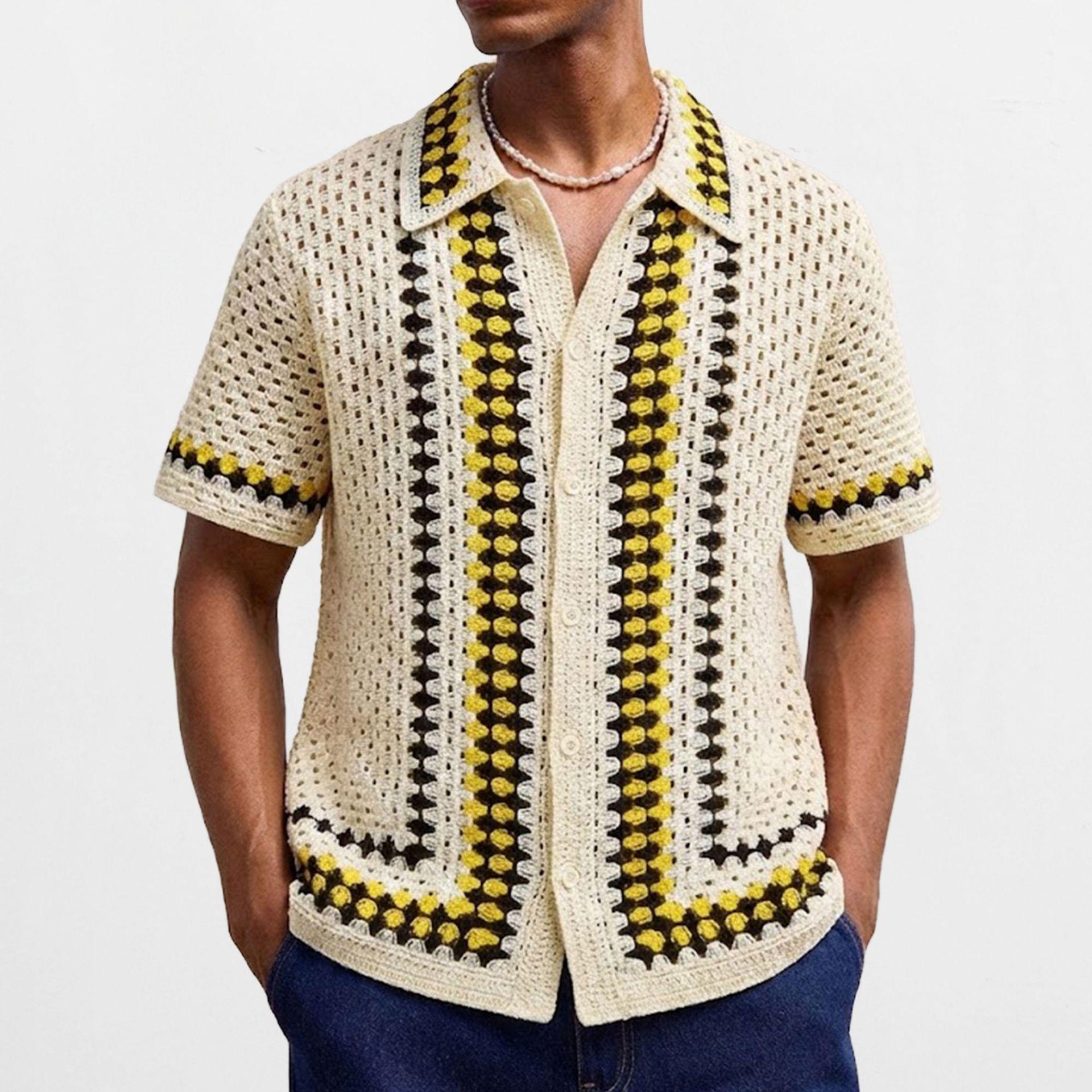 Мужской американский повседневный полосатый кардиган-свитер ручной вязки - Ажурный дизайн XL абрикосовый