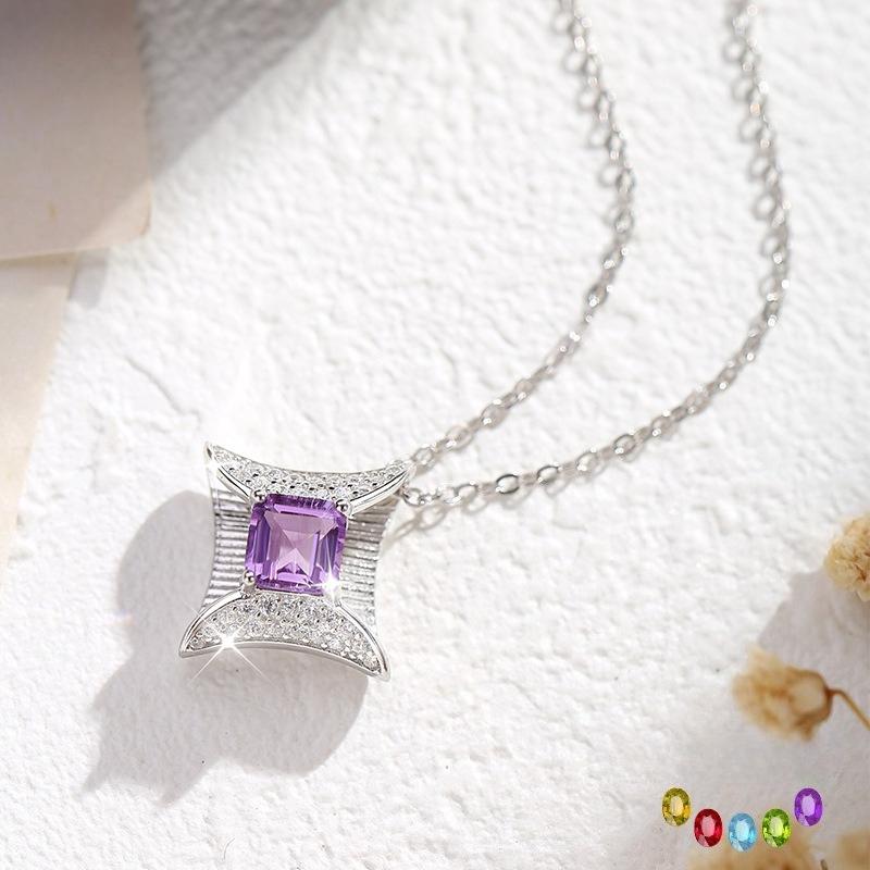 S925 reines Silber natürliche gelbe Granat Halskette, quadratischer Sternförmiger Kristall Anhänger, luxuriöser Schmuck mit gebürsteter Handwerkskunst, Geschenk