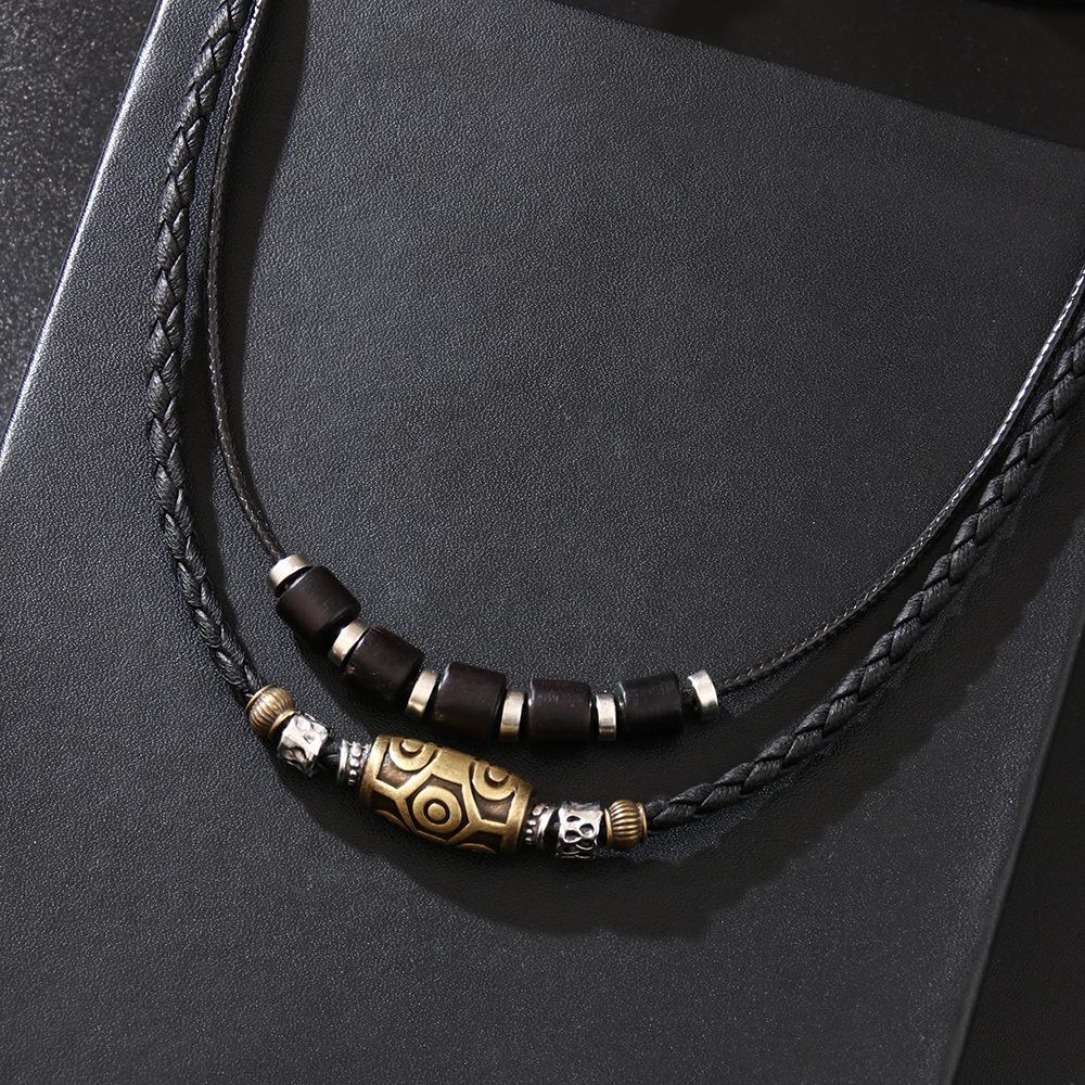 Vintage Indigo Braided Wax Rope Dzi Bead Pendant Necklace Men's Punk Collarbone Chain Personality Accessory