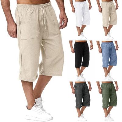 Shorts casuais masculinos de verão, longos, com cintura elástica, bolso solto, comprimento 3/4, uso diário na rua