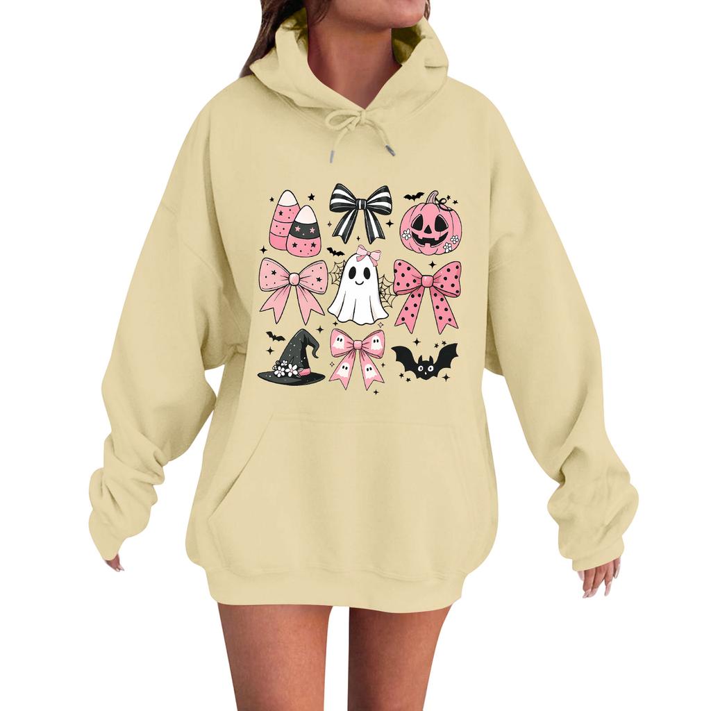 Women's Casual Fashion Comfortable Round Neck With Hood Long Sleeve Halloween Print Warm Sweatshirt