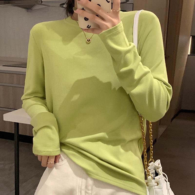 

Мягкая восковая маска однотонная футболка женская с длинными рукавами осень-зима новая круглая горловина простая внутренняя многослойная рубашка свободный многослойный топ XL