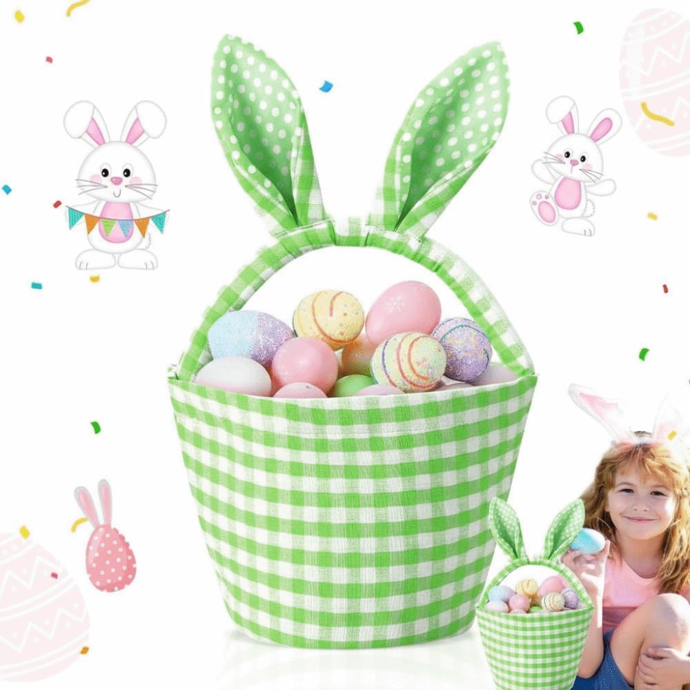 Grid Design Rabbit Ear Basket Breathable Material Plaid Pattern Easter Eggs Basket Bunny Ear Handle Moisture Resistant