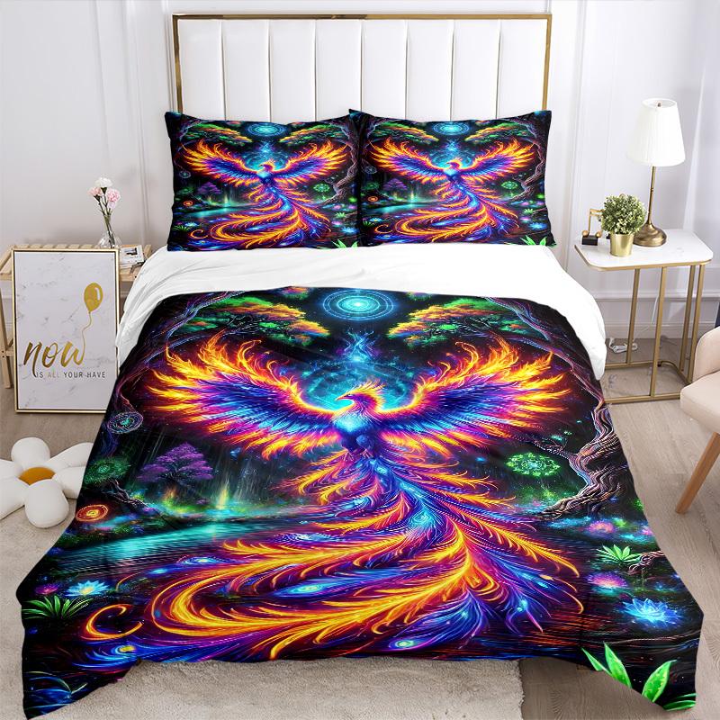 3PCs Psychedelic Phoenix Design Cover Set, Breathable Fabric, Machine Washable (1 Duvet Cover + 2 Pillowcases) (Without Quilt) yy250911176