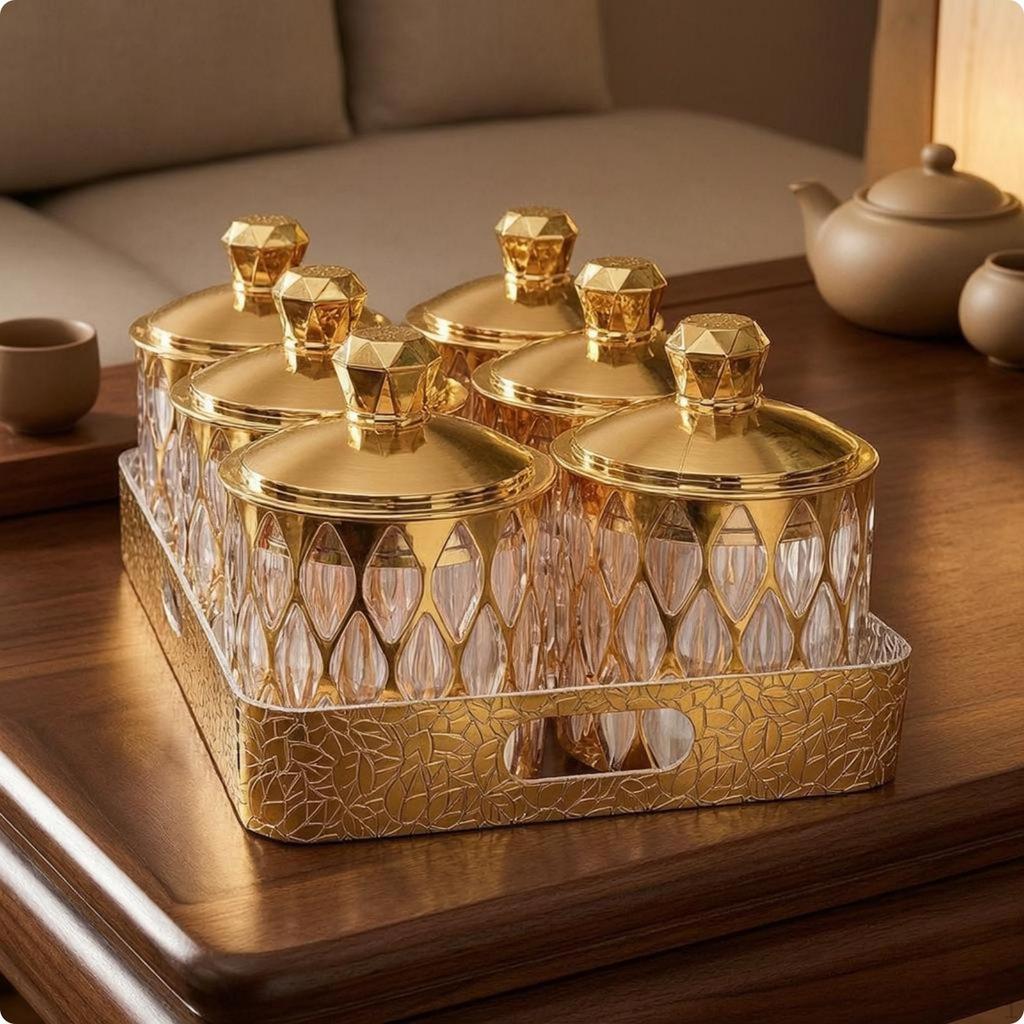 6 Pieces Decorative Storage Jar Set Transparent Lidded Faceted Airtight Canister