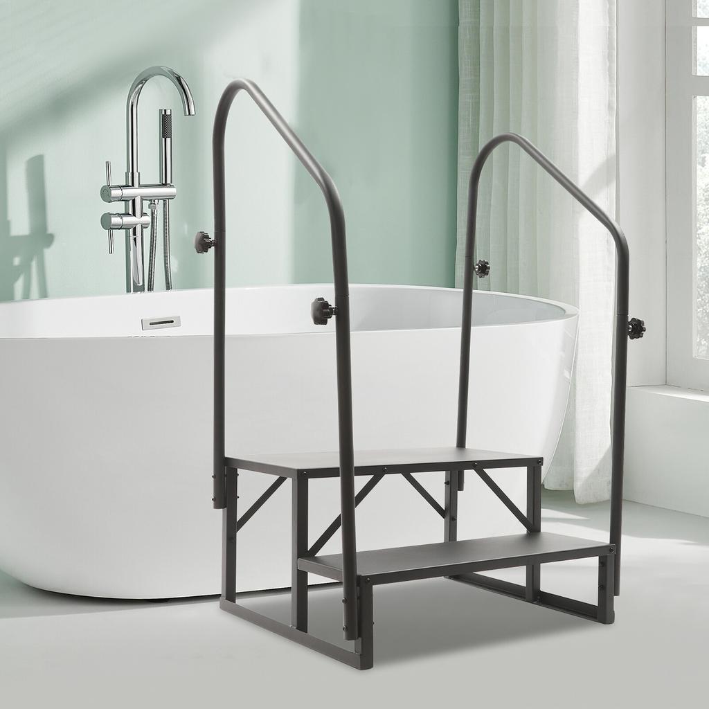 RV Step Ladder 2-Step with Handrail Portable Steel Stairs 450lbs Load for Hot Tub Spa Mobile Home