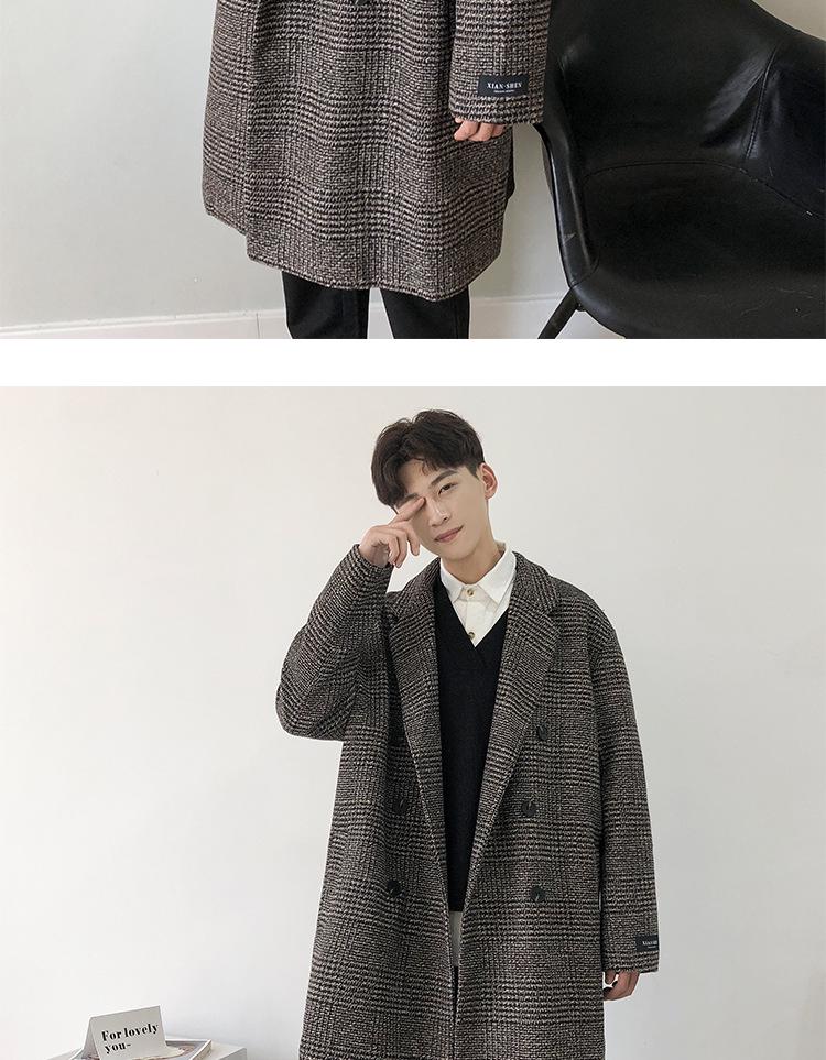 Men's Trendy Double-Breasted Plaid Wool Coat - Autumn/Winter Korean Style, Large Size Hong Kong Fashion