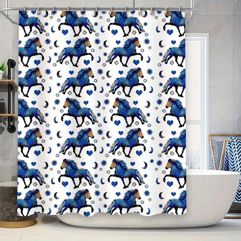 Blue Floral Horse Shower Curtain Set Decorative Waterproof Bath Mat Bathroom Accessories White Blue Pattern Design (180 x 240cm)