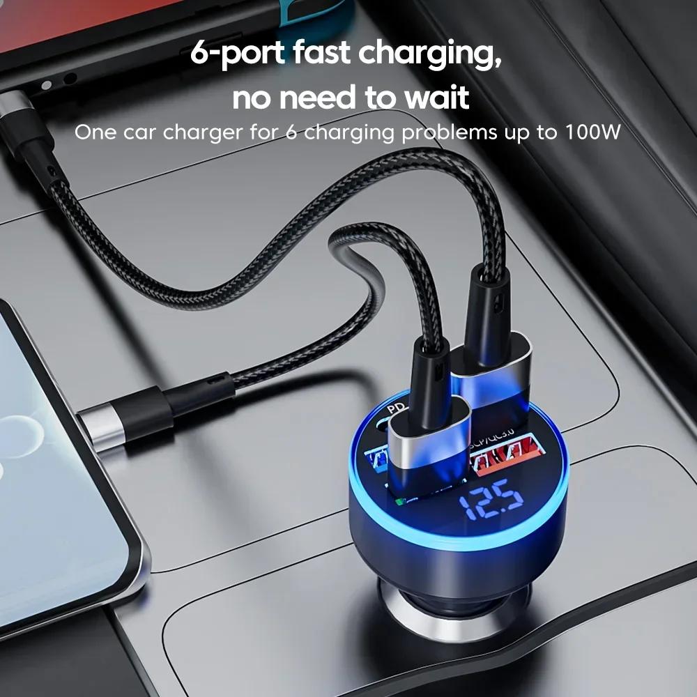 New 100W 6 In 1 Car Phone Charger Adapter with Voltage Display USB C Dual PD Fast Charge Adapter for IPhone Samsung Xiaomi