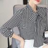 2023 Summer Fashion Houndstooth Print Pullovers Shirt Elegant Vintage 3/4 Sleeve Scarf Collar All-match Blouse Women's Clothing
