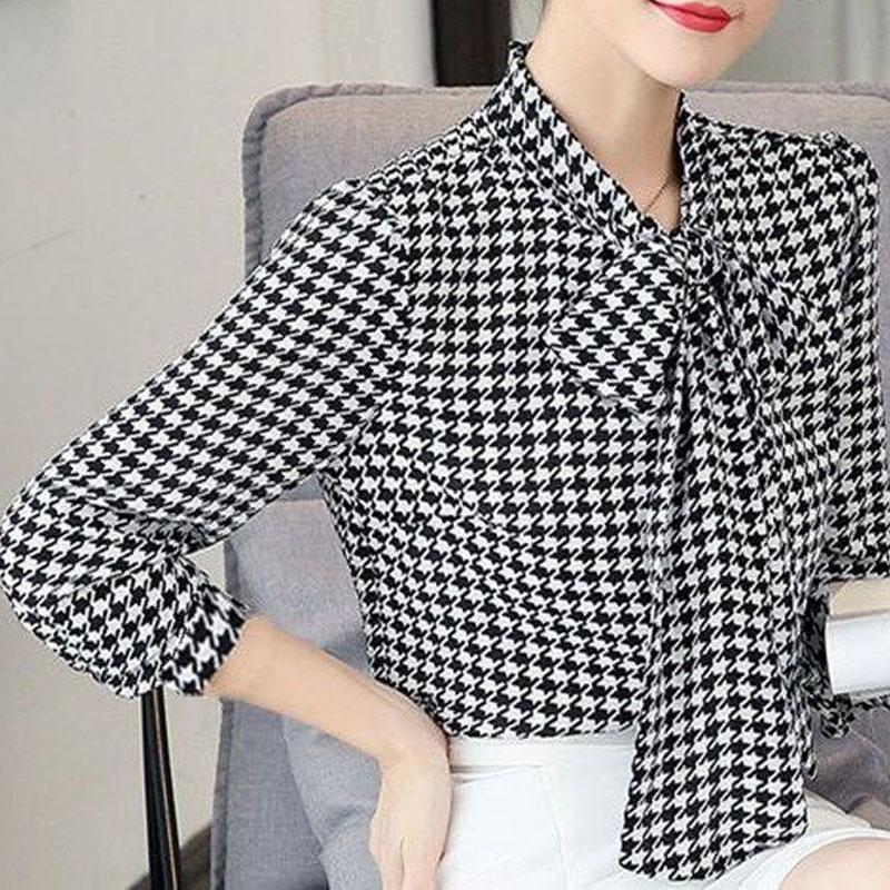 2023 Summer Fashion Houndstooth Print Pullovers Shirt Elegant Vintage 3/4 Sleeve Scarf Collar All-match Blouse Women's Clothing