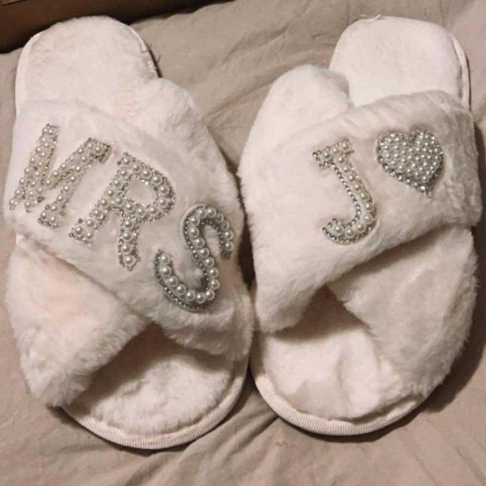 Pearl Letter MRS Plush Cross-Band Slippers for Bridesmaids