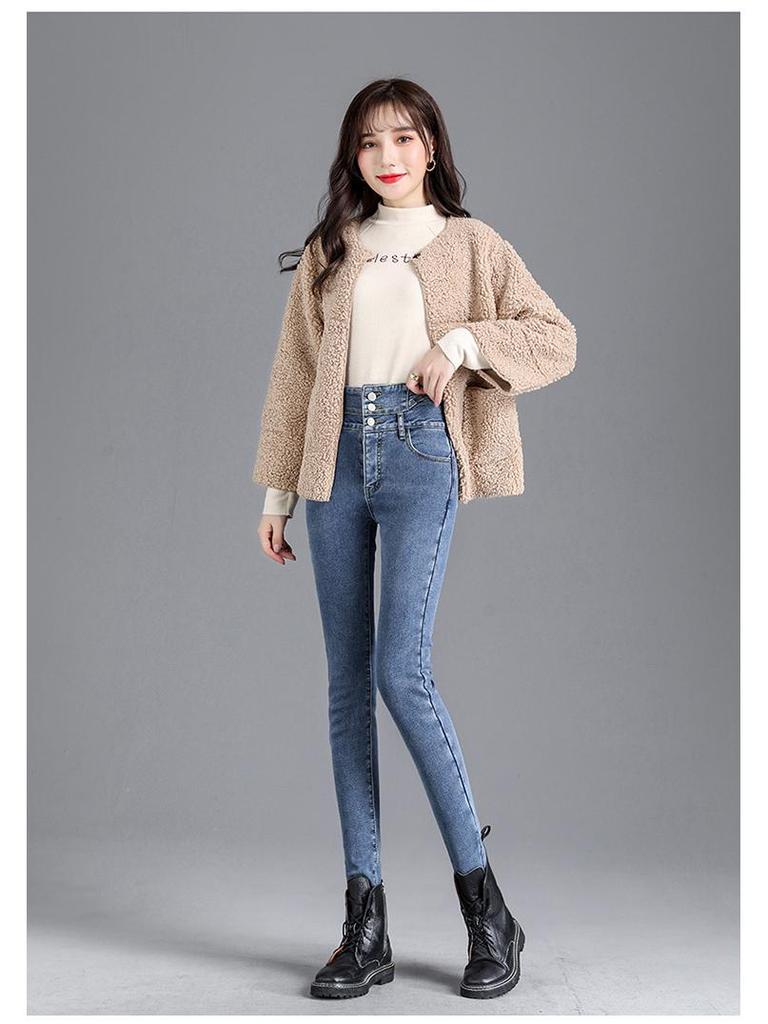Fleece-Lined High Waist Skinny Jeans: Autumn/Winter Slimming Korean Style Women's Pants