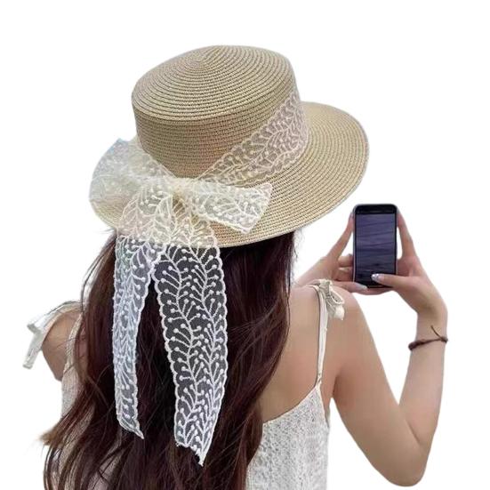 

Sun Hat Breathable Large Brim Design Sun Protection Hat Lace Bow Decoration French Style Straw Hat Headwear A