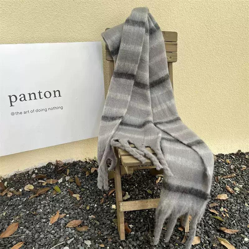 Korean Style Imitation Cashmere Plaid Scarf - Women's Warm, Thick, and Versatile Neck Warmer for Fall and Winter.