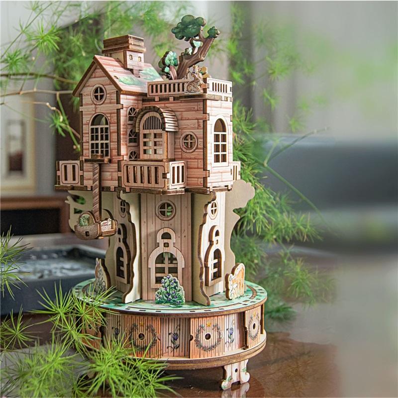 DIY 3D Wooden Puzzle Tree House Music Box Miniature Model Kits Assembly Jigsaw Puzzles for Friends Birthday Gifts