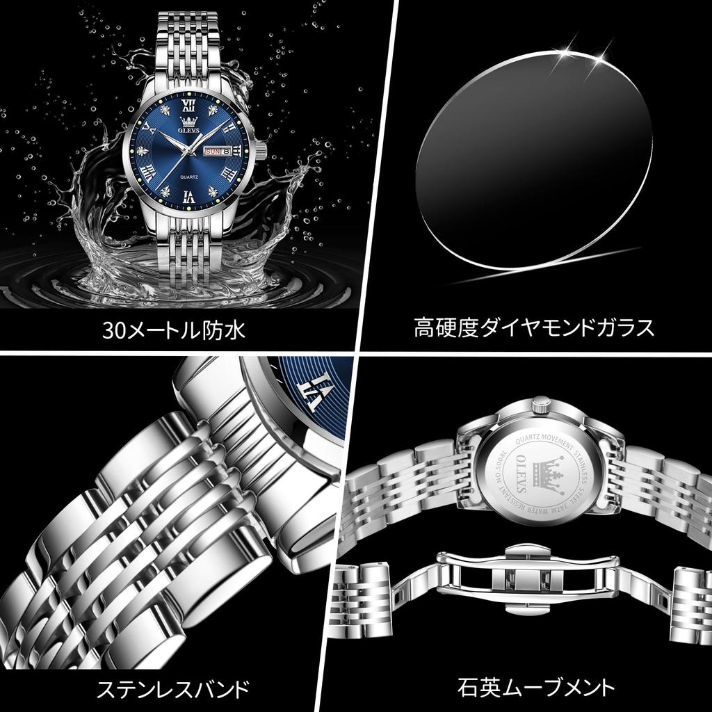 OLEVS Popular Waterproof Analog Watch with Luminous Date Blue Quartz Silver Stainless Steel Roman Perfect for Business or Day College and High School