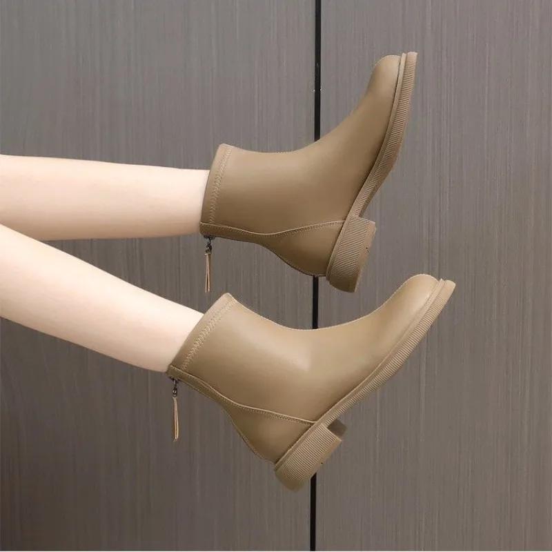 Fashion Round Toe Mid Heel Short Boots for Women Shoes Autumn/winter with/Without Plush Rear Zipper Soft Sole Slim Boot Zapatos Mujer